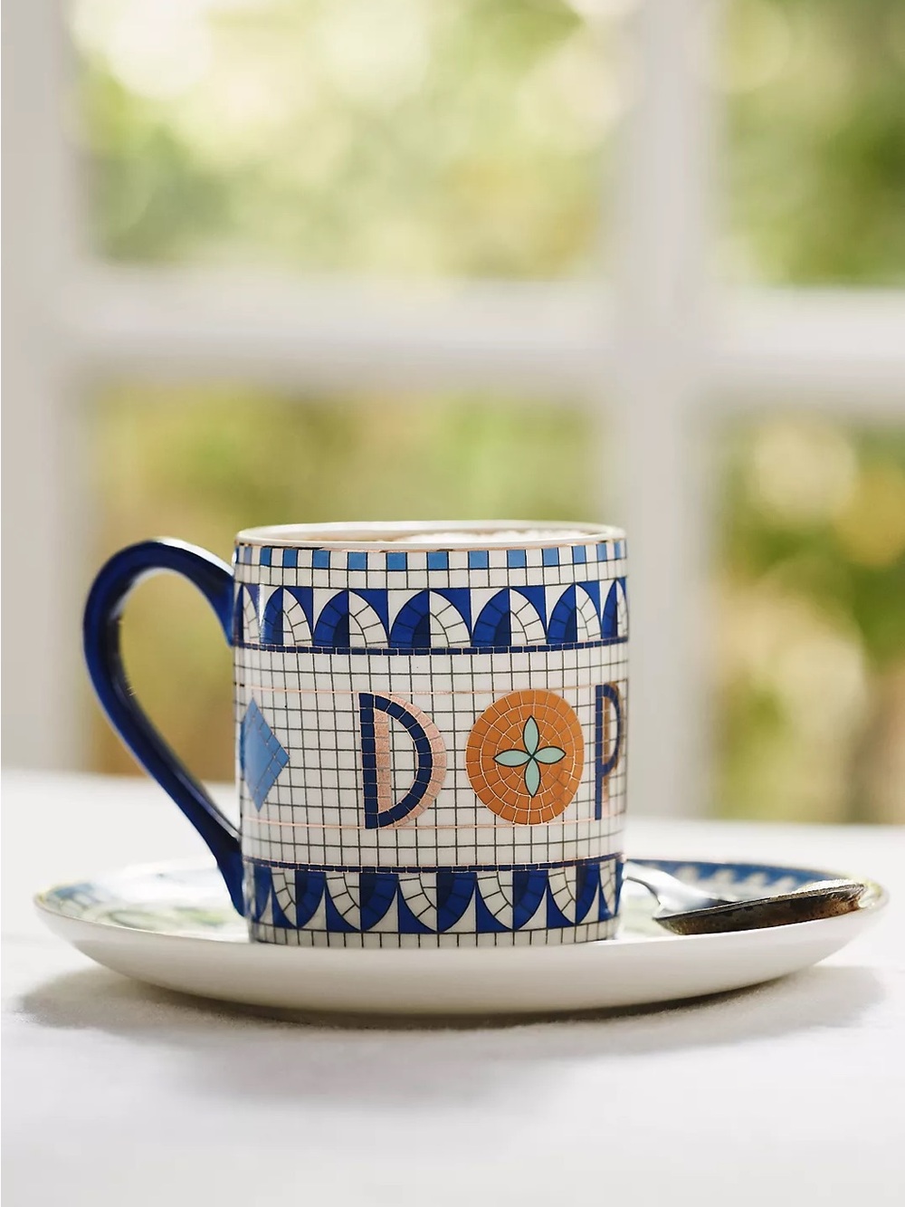 Set of 4 anthropologie bistro tile 4 Espresso Cups and 4 Saucers